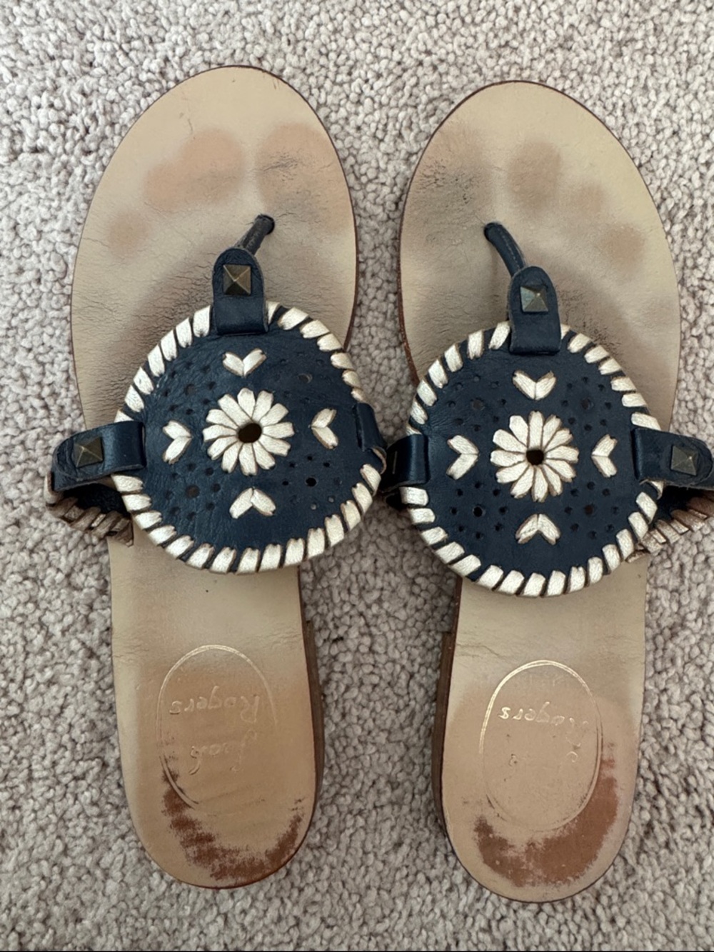 Jack Rogers Navy and Gold Leather Thong Sandals